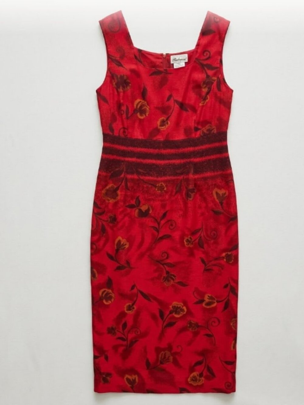 Women's Red Floral Worthington Sleeveless Midi Dress Sheer Elegant. Size 14